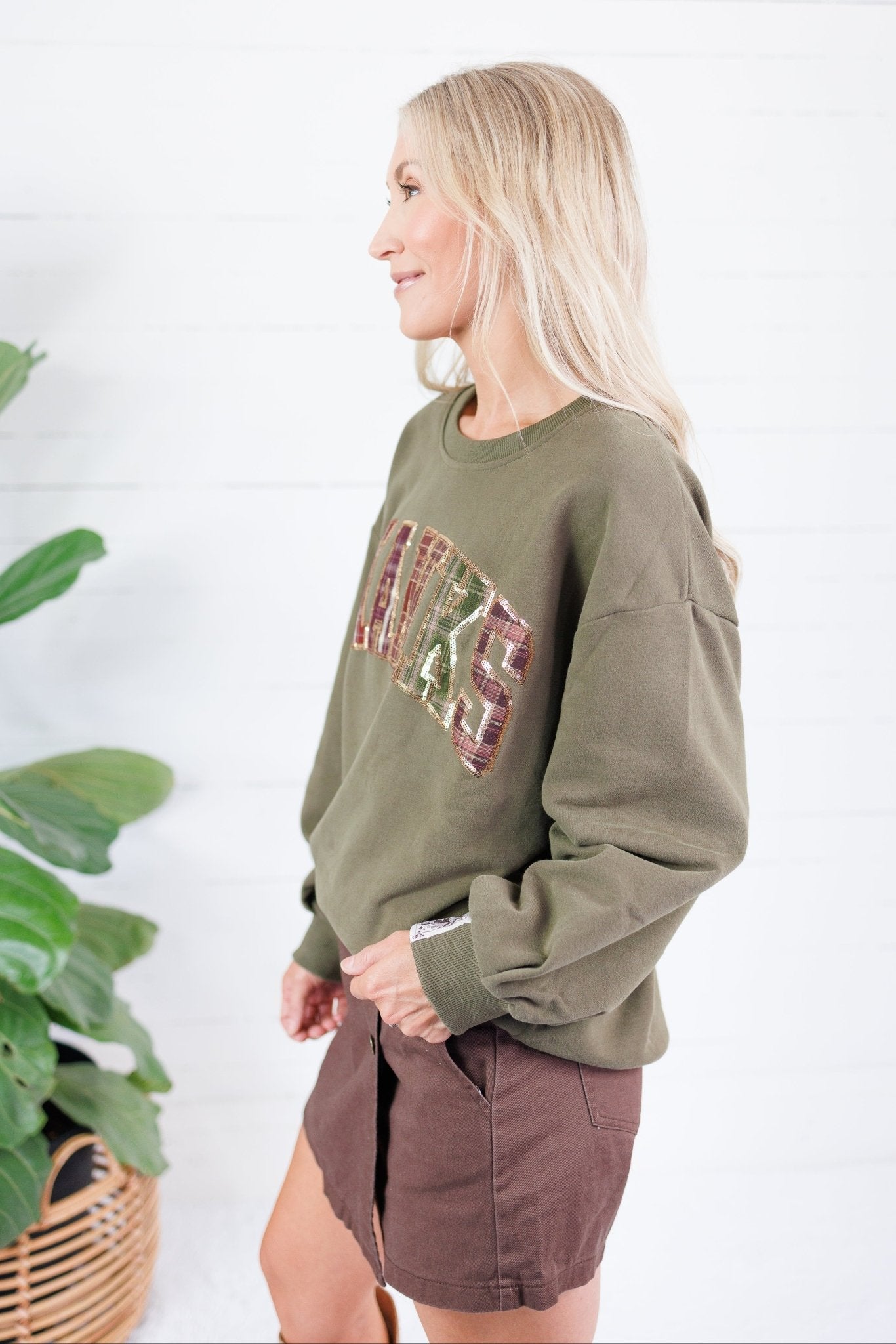 Queen of Sparkles Olive + Brown Plaid Thanks Sweatshirt