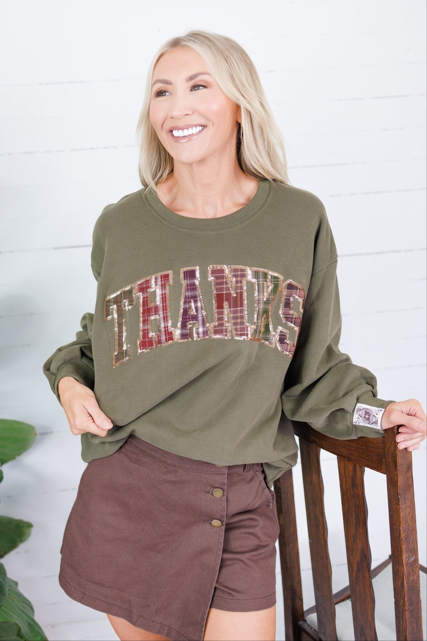 Queen of Sparkles Olive + Brown Plaid Thanks Sweatshirt