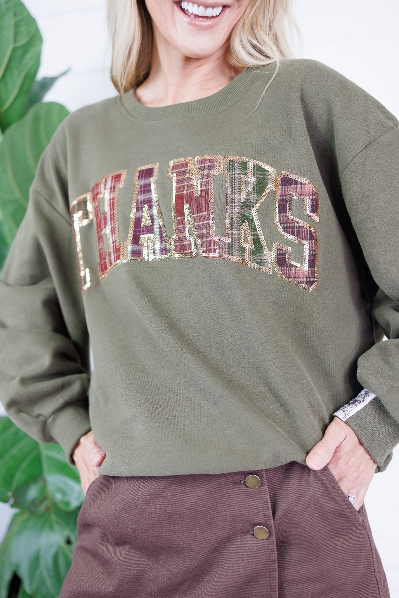 Queen of Sparkles Olive + Brown Plaid Thanks Sweatshirt