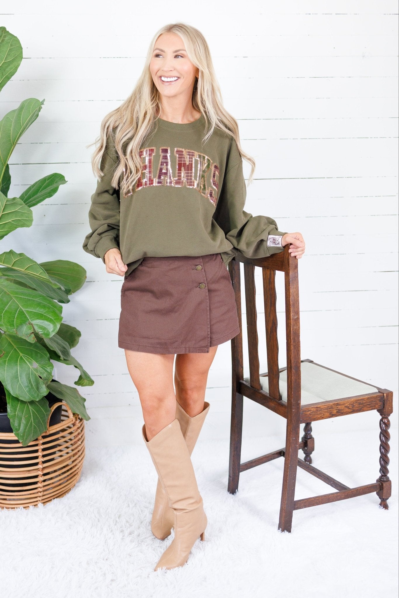 Queen of Sparkles Olive + Brown Plaid Thanks Sweatshirt