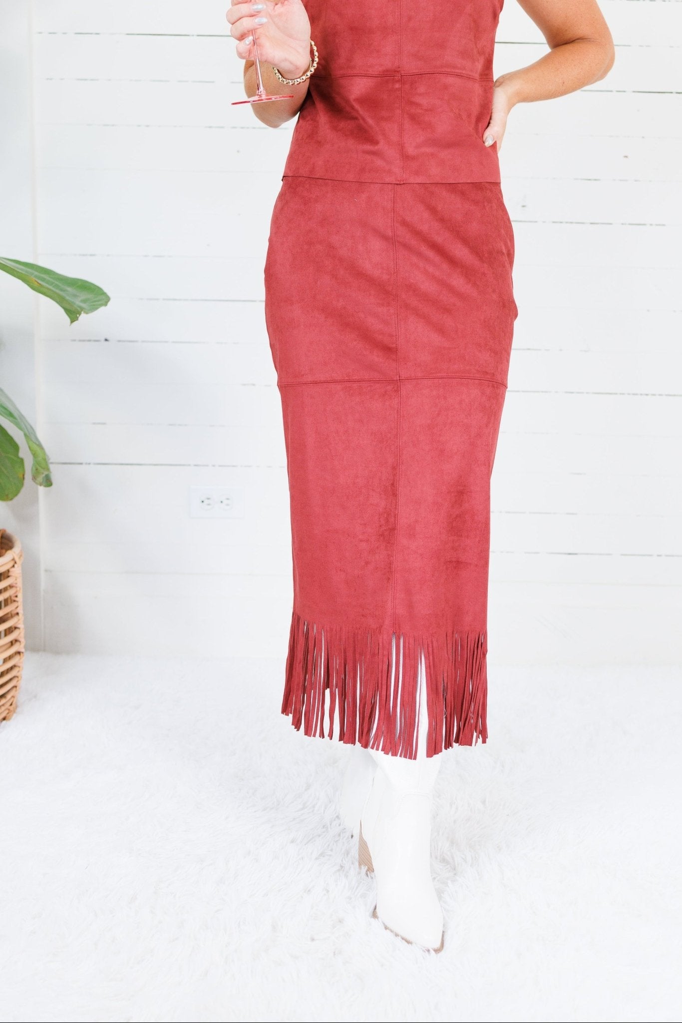 Quinn Burgundy Faux Suede Fringe Skirt House of Harlow 1960