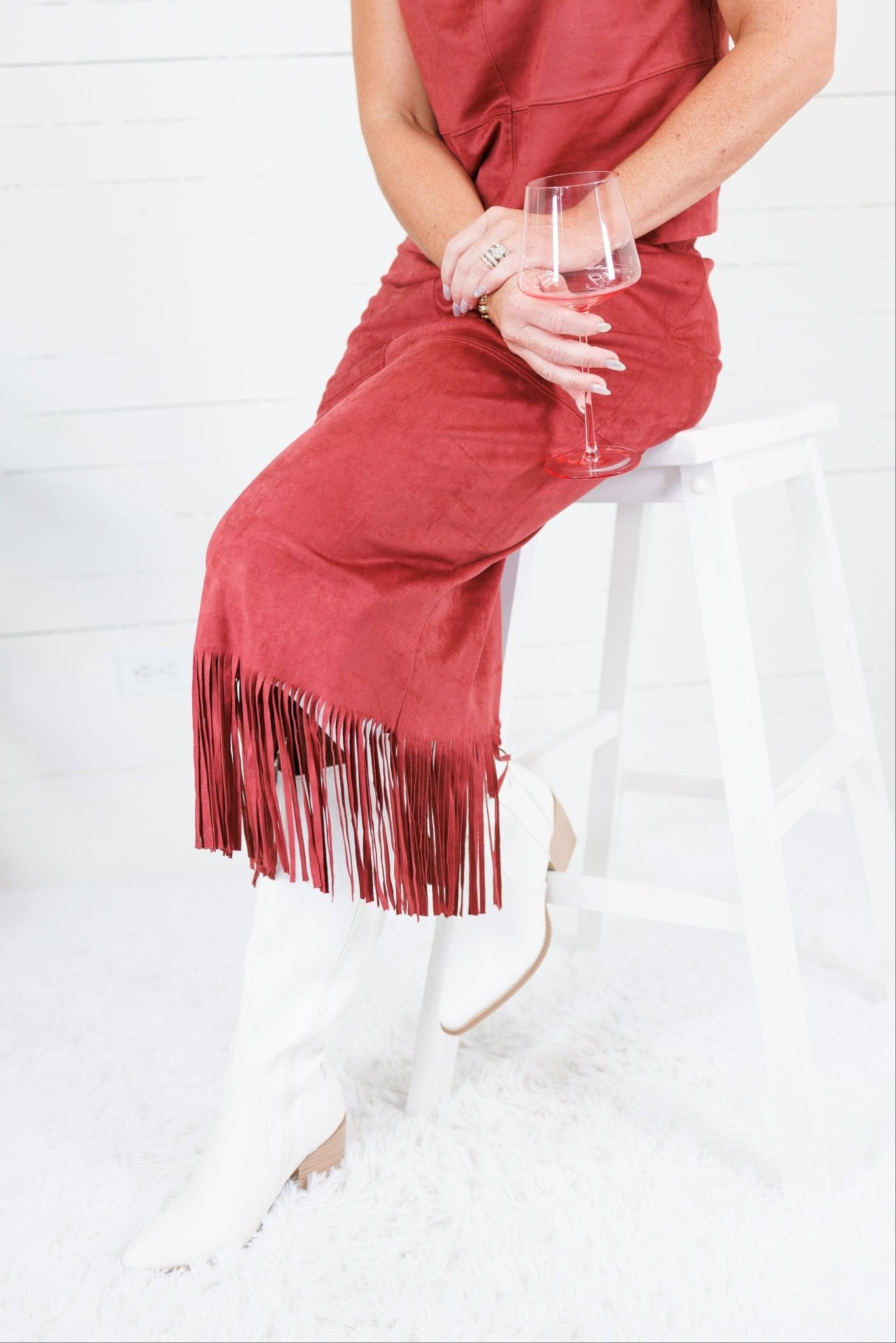 Quinn Burgundy Faux Suede Fringe Skirt House of Harlow 1960