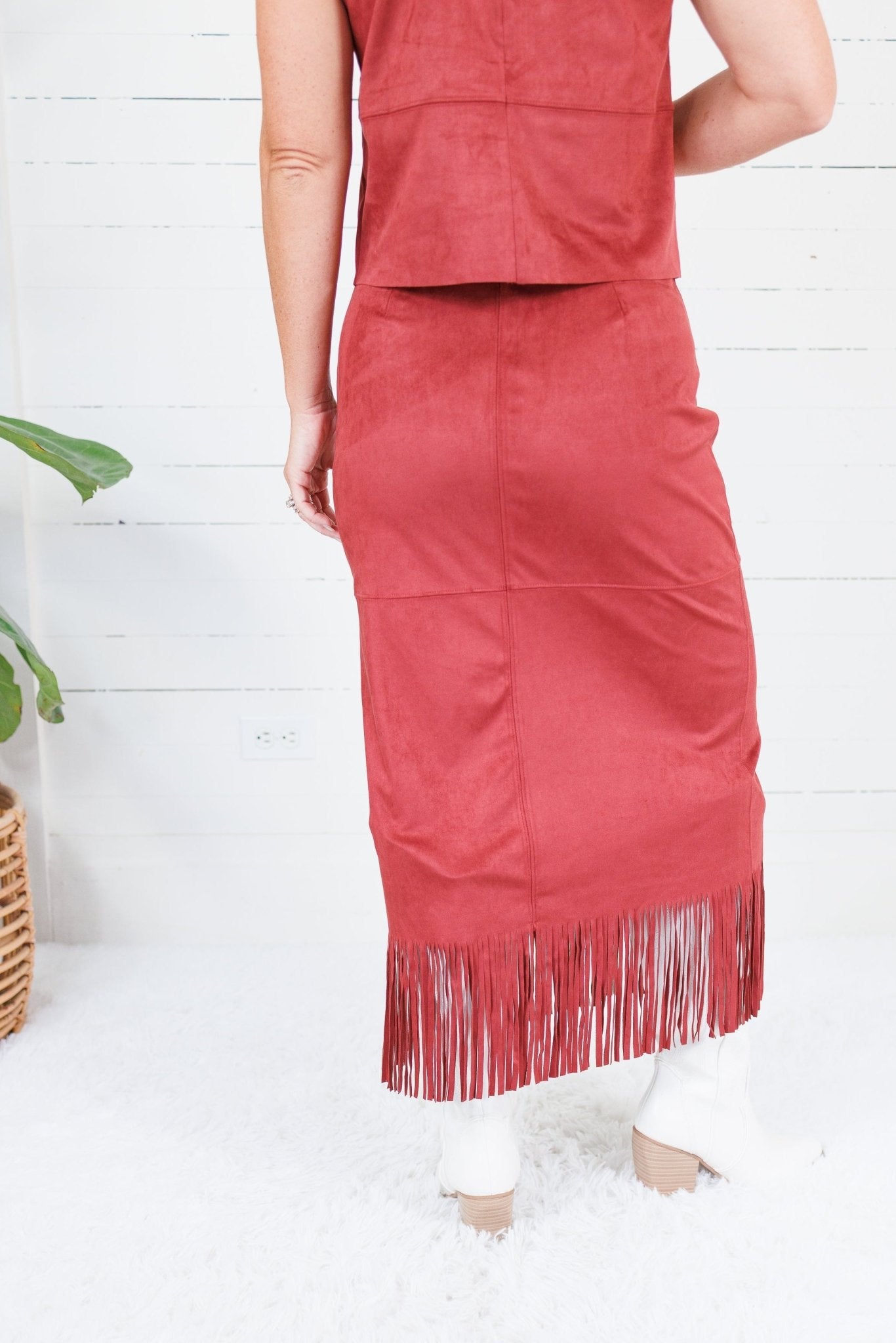 Quinn Burgundy Faux Suede Fringe Skirt House of Harlow 1960
