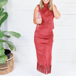 Quinn Burgundy Faux Suede Fringe Skirt House of Harlow 1960