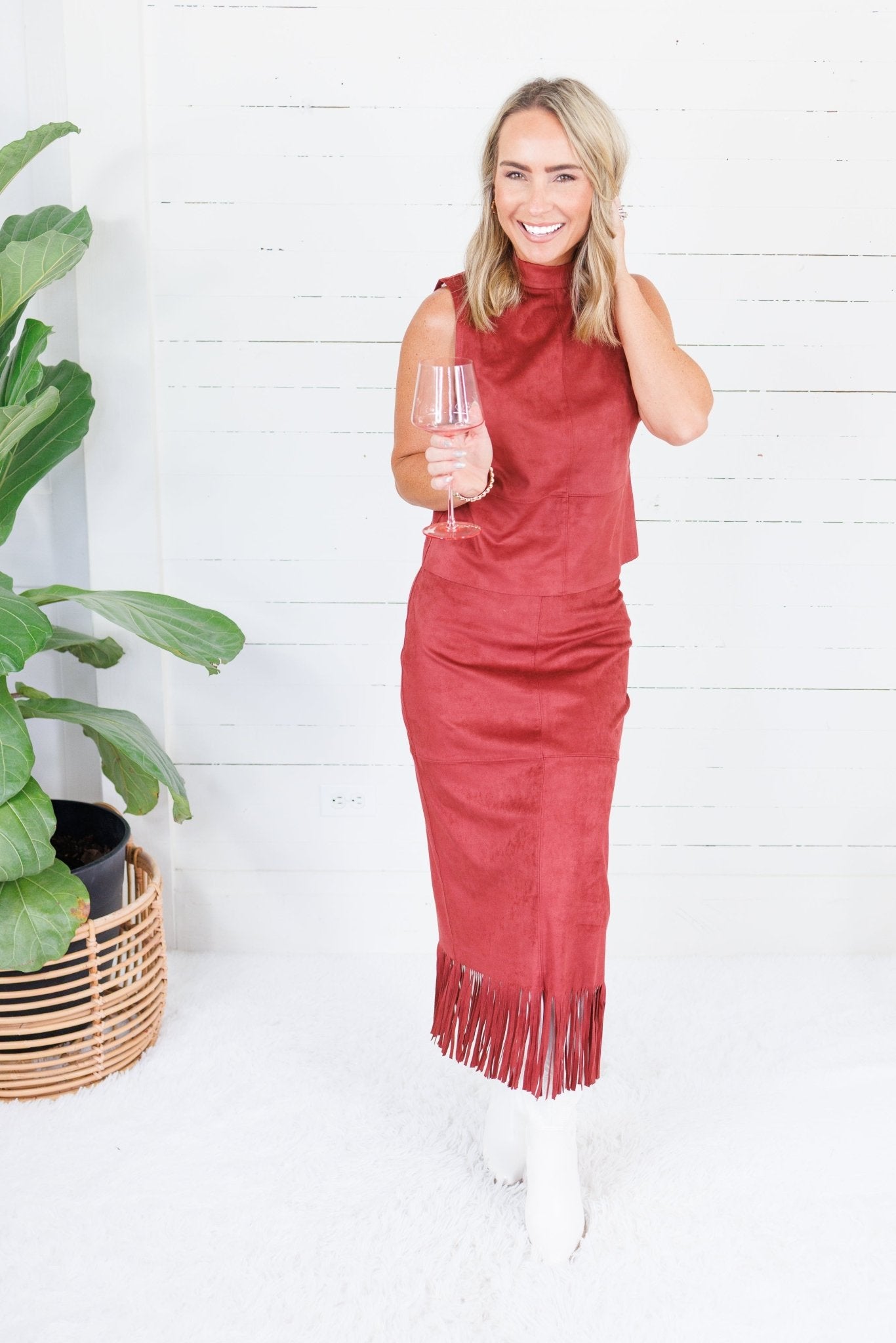 Quinn Burgundy Faux Suede Fringe Skirt House of Harlow 1960