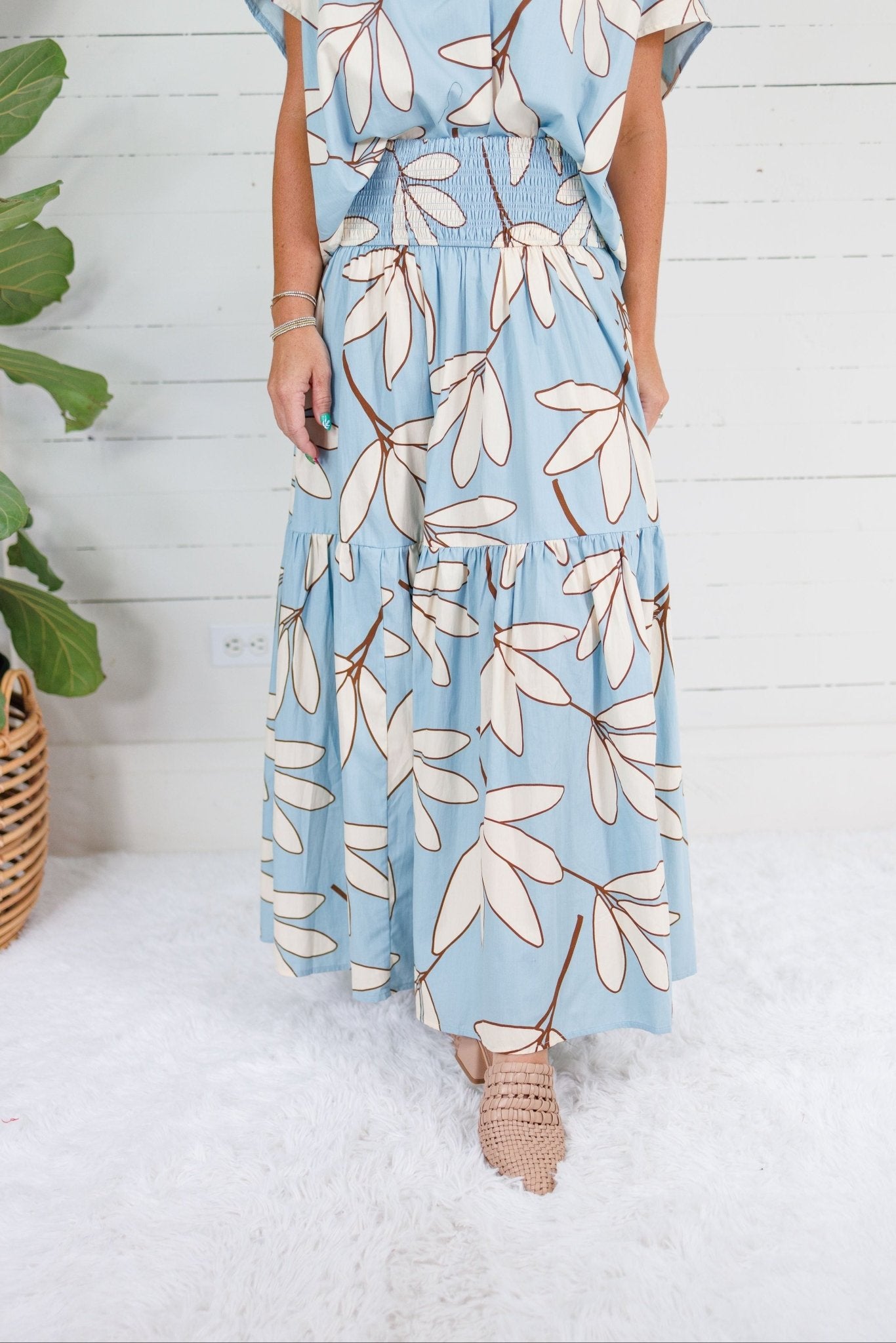 Randolph Blue Leaf Smocked Maxi Skirt Karlie