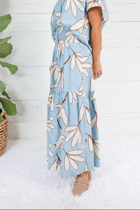 Randolph Blue Leaf Smocked Maxi Skirt Karlie