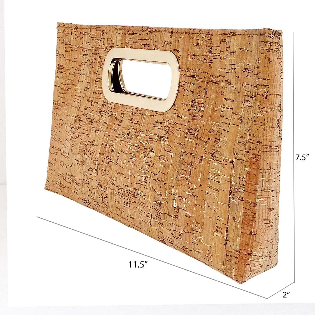 Cork handbag with gold handle and dimensions on a white background