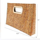 Cork handbag with gold handle and dimensions on a white background