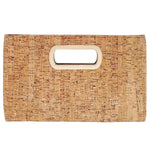 Cork clutch bag with a gold handle on a white background