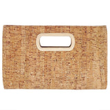 Cork clutch bag with a gold handle on a white background