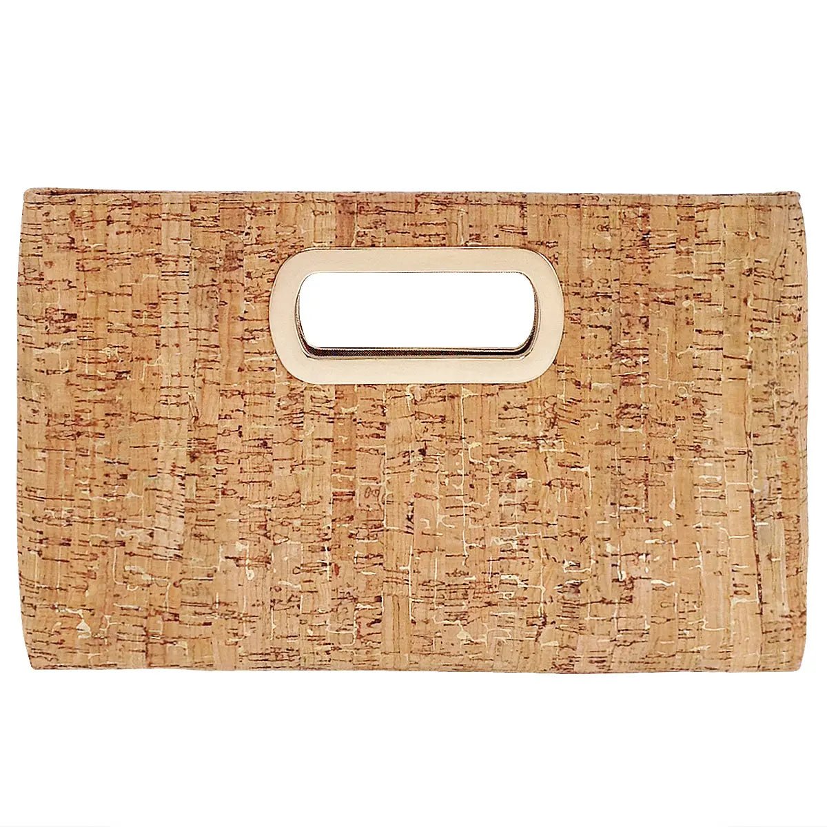 Cork clutch bag with a gold handle on a white background
