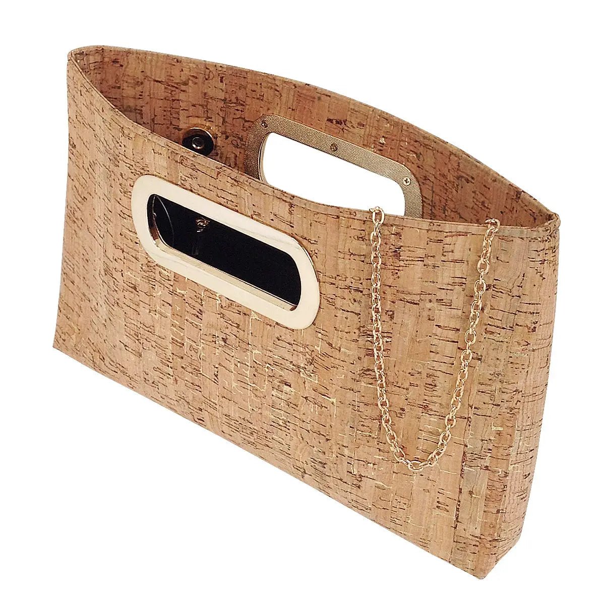 Cork handbag with a chain detail on a white background
