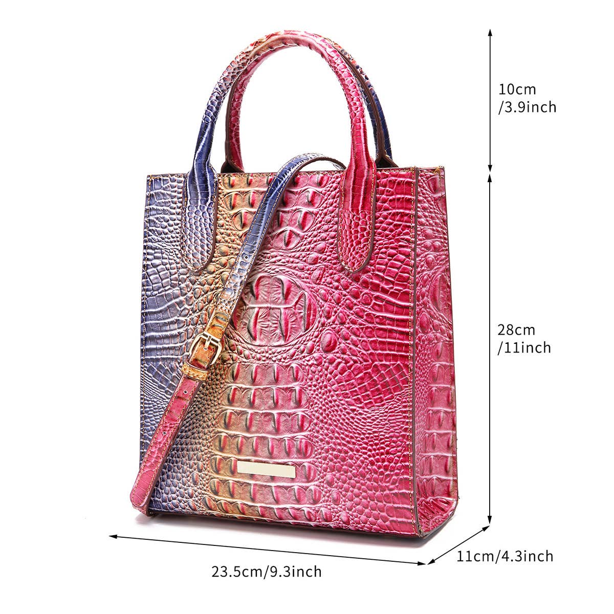 Multicolored handbag with measurements on a white background