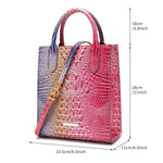 Multicolored handbag with measurements on a white background