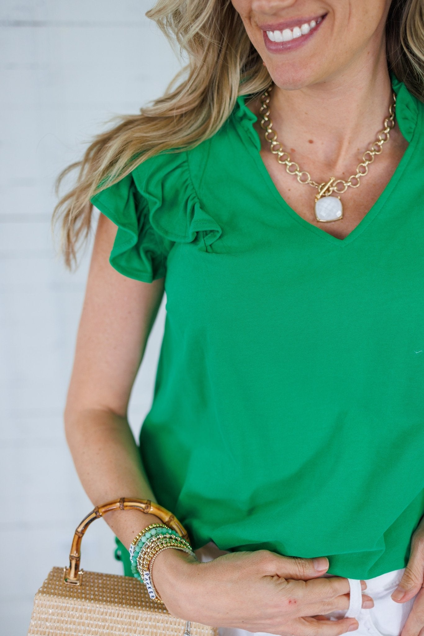 Riley Kelly Green V Neck Ruffle Tee Umgee