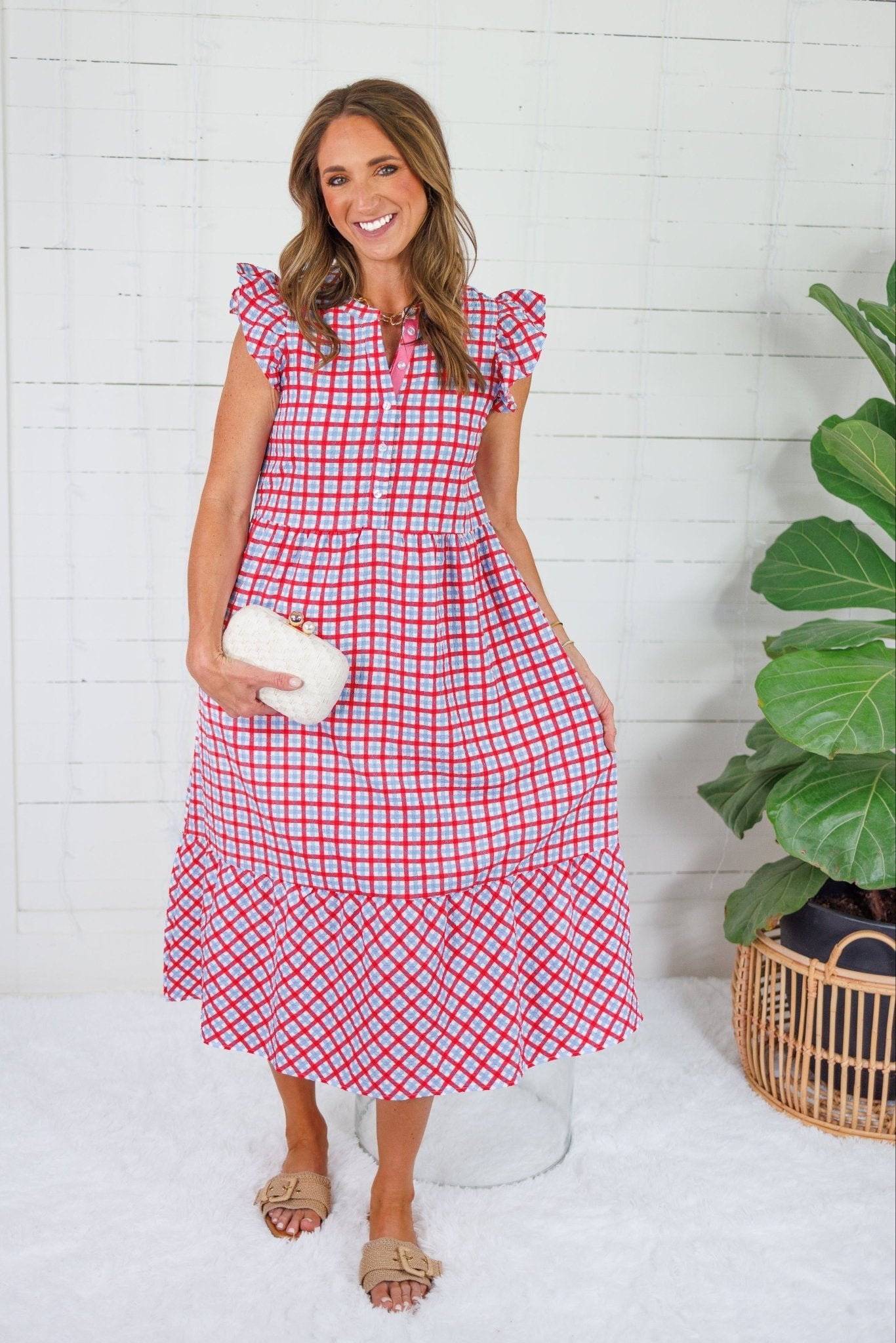 Riley Red + Blue Gingham Midi Dress Mary Square 