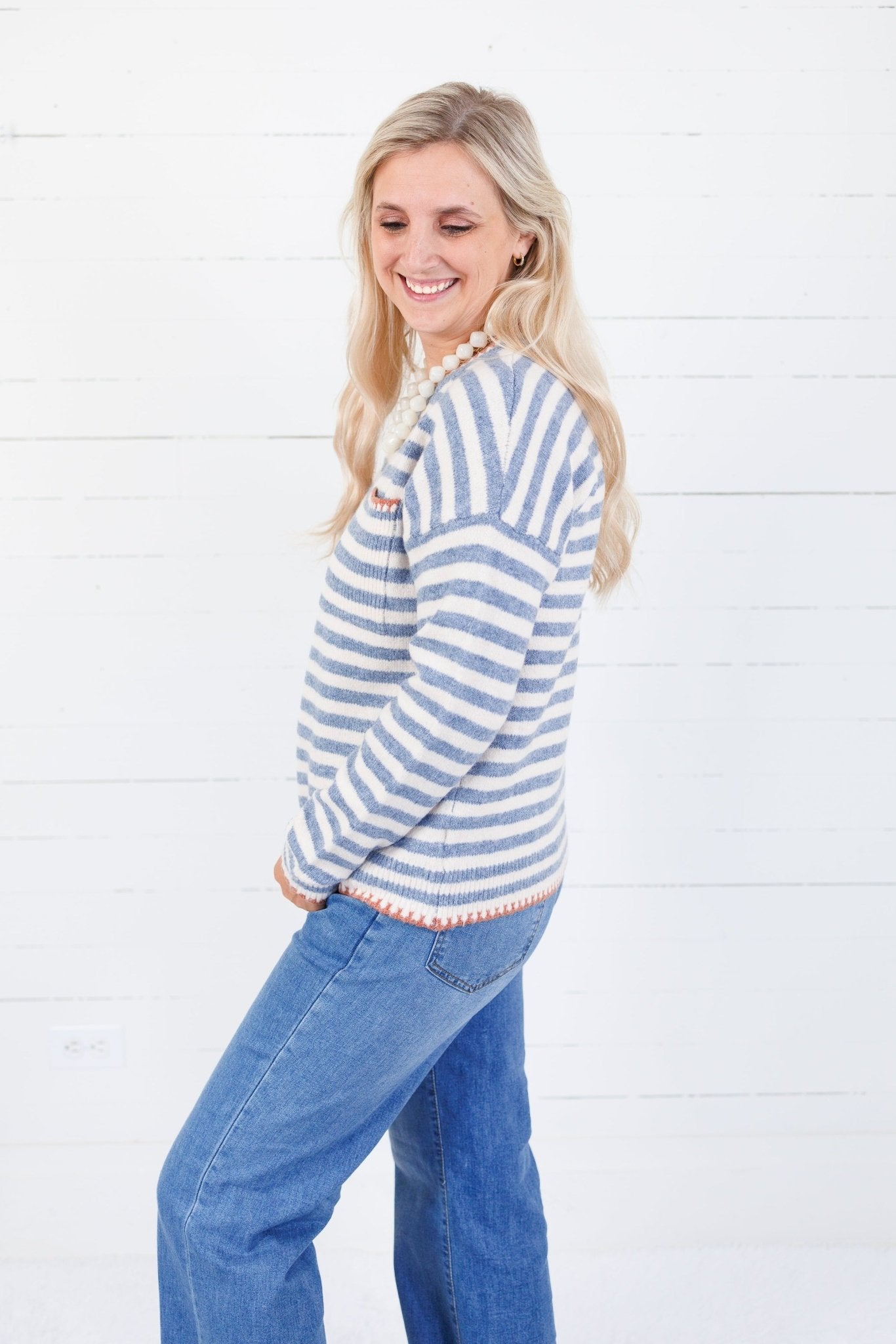 Ross Denim Stripe Blanket Stitch Sweater Staccato