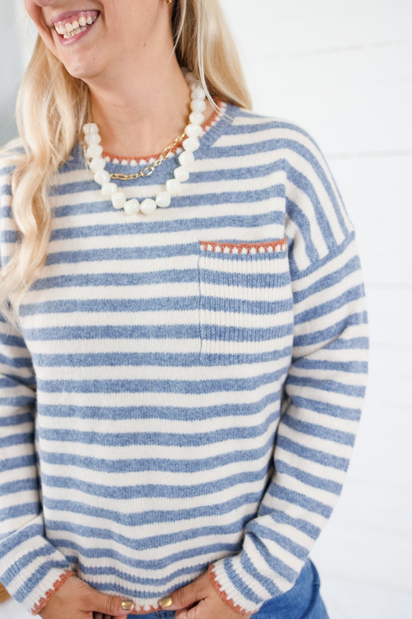 Ross Denim Stripe Blanket Stitch Sweater Staccato