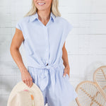 Sabine Sky Seersucker Pinstripe Tie Front Top Adrienne