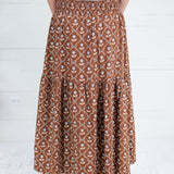 Sammy Cocoa Floral Smocked Tier Maxi Skirt Karlie