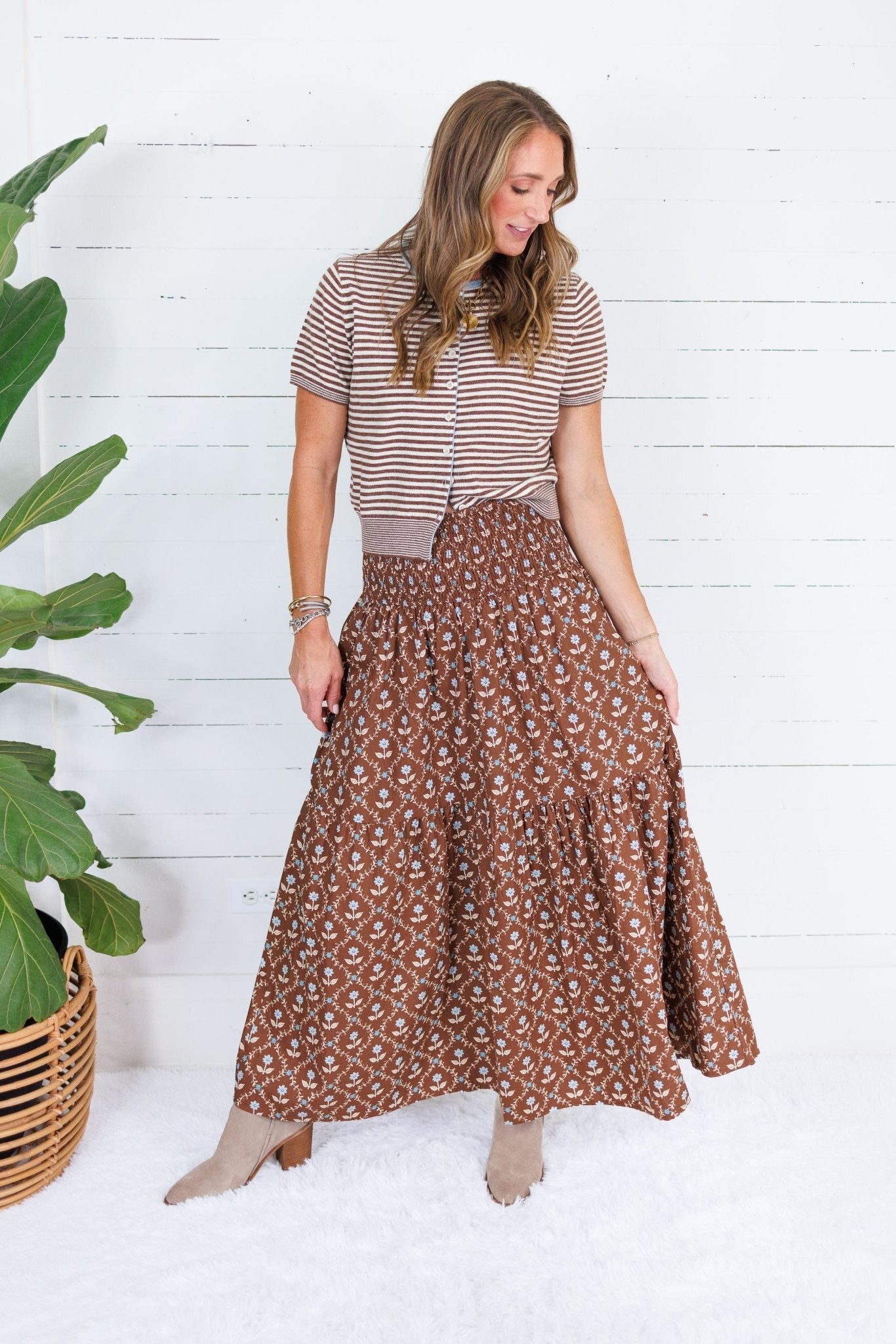 Sammy Cocoa Floral Smocked Tier Maxi Skirt Karlie