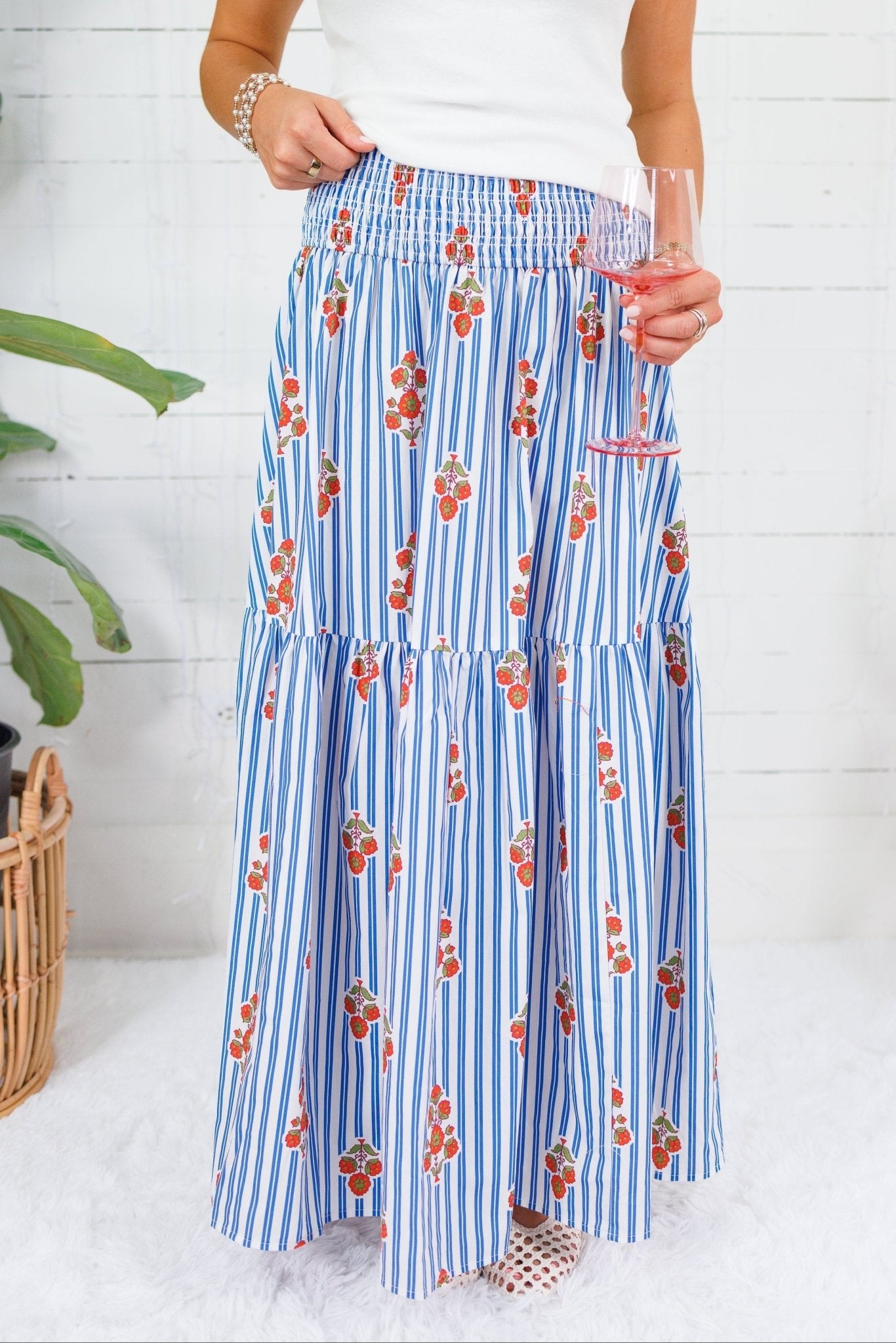 Sammy Floral Stripe Smocked Tier Maxi Skirt Karlie