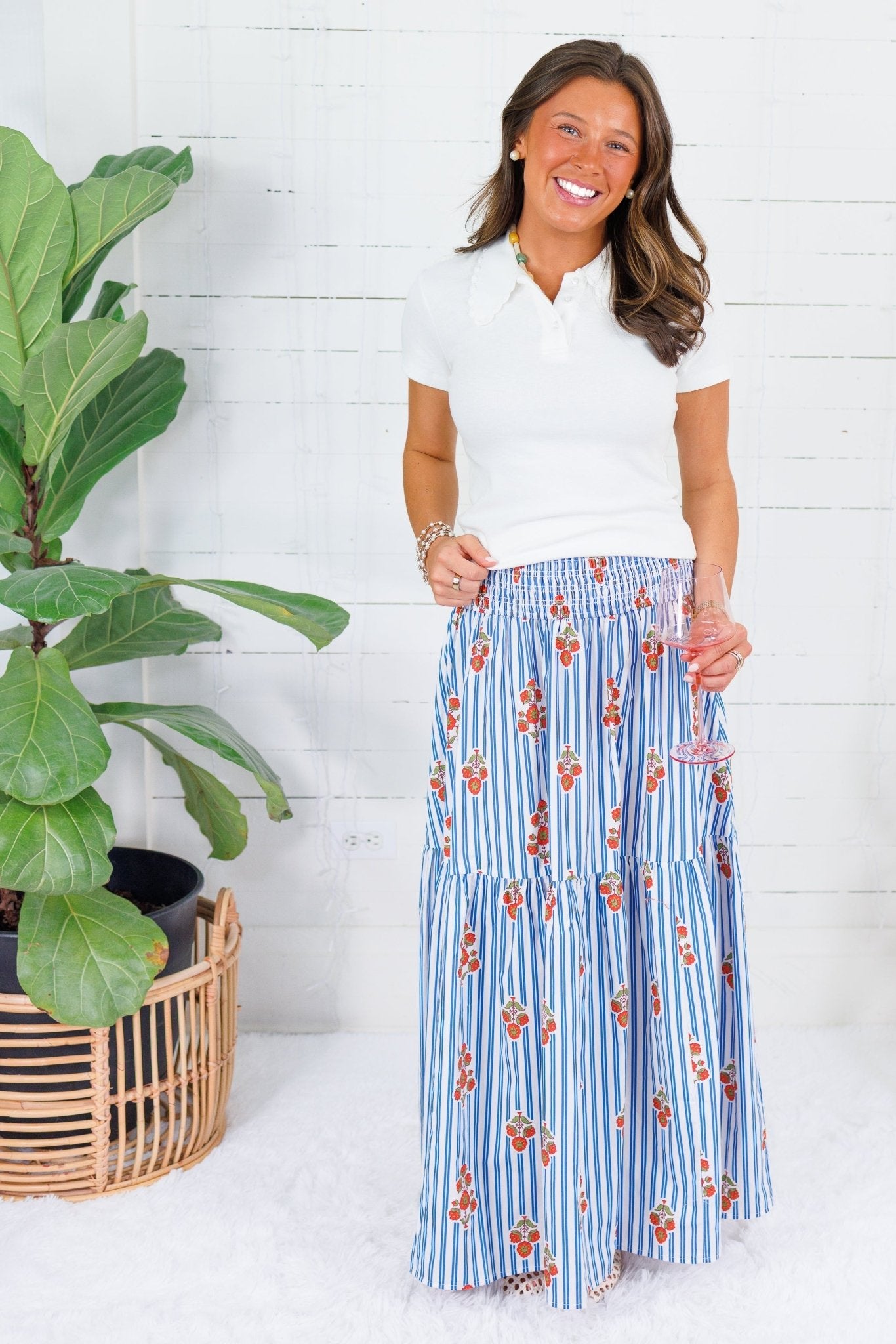 Sammy Floral Stripe Smocked Tier Maxi Skirt Karlie