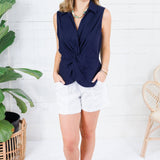 Sara Navy Twisted Front Sleeveless Top Kut