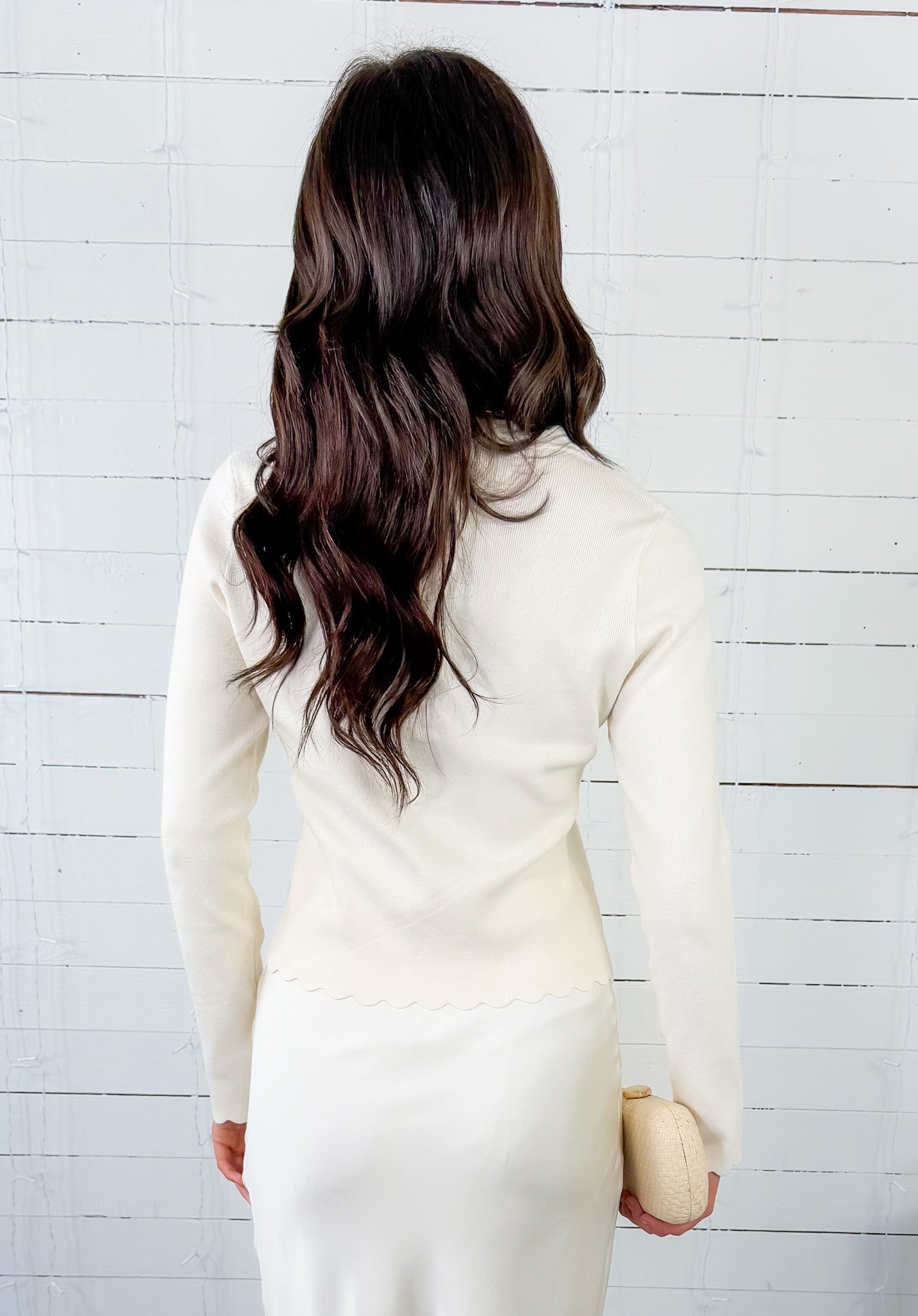 Scarlett Ivory Scallop + Pearl Bow Sweater 