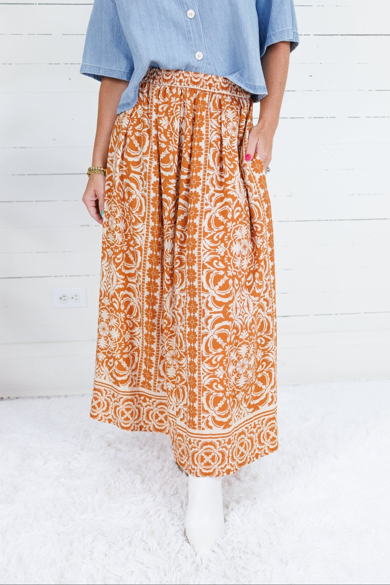 Shaw Rust Elastic Waist Maxi Skirt Be Cool