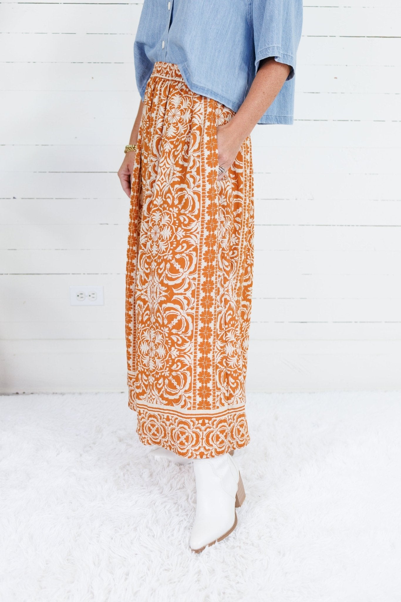 Shaw Rust Elastic Waist Maxi Skirt Be Cool