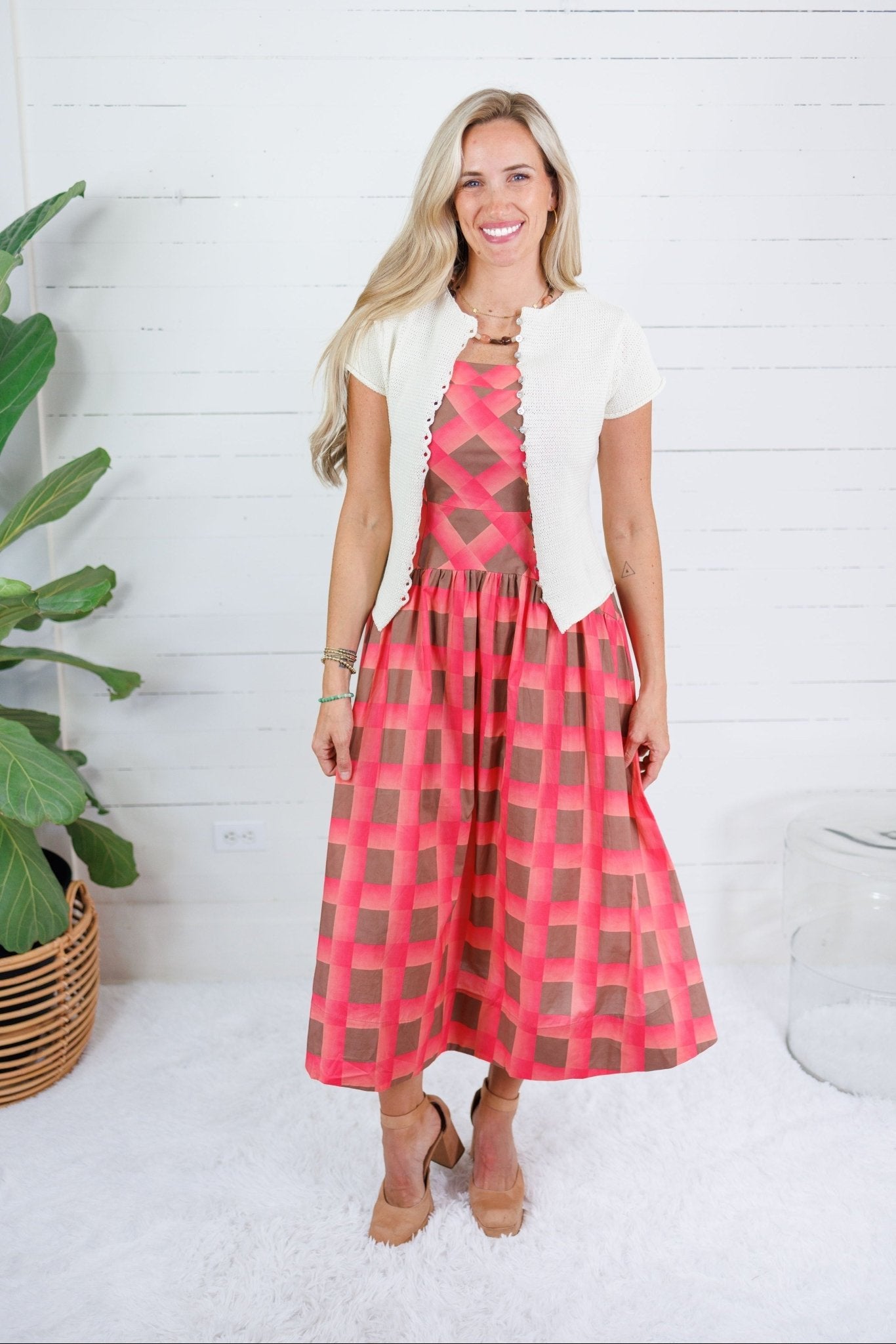 Sherri Coral + Brown Checkerboard Maxi Dress Entroht.