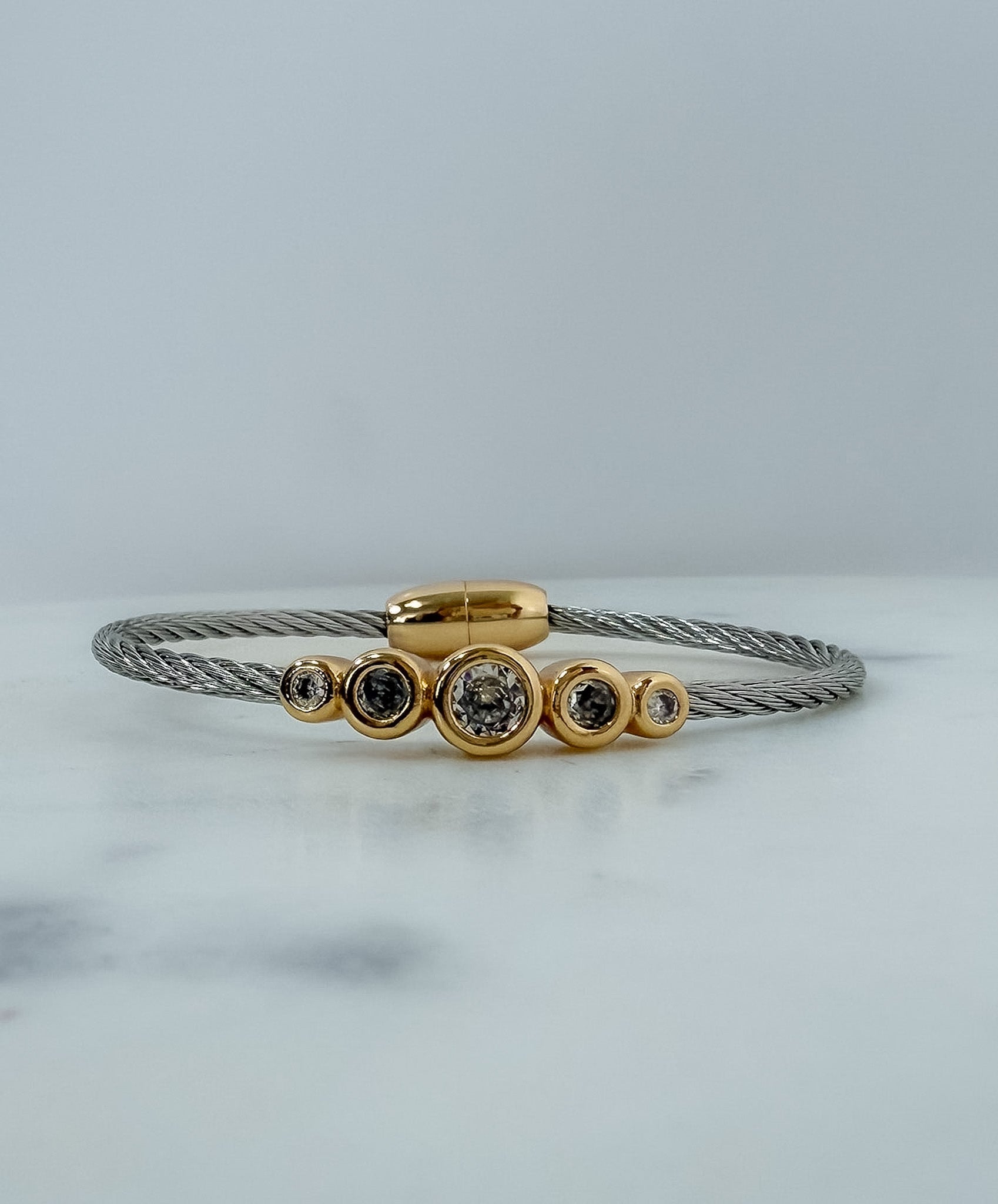 Silver Cable + 5 Gold CZ Buttons Bracelet - A3 Accessories - Jewelry - Clover + Bee