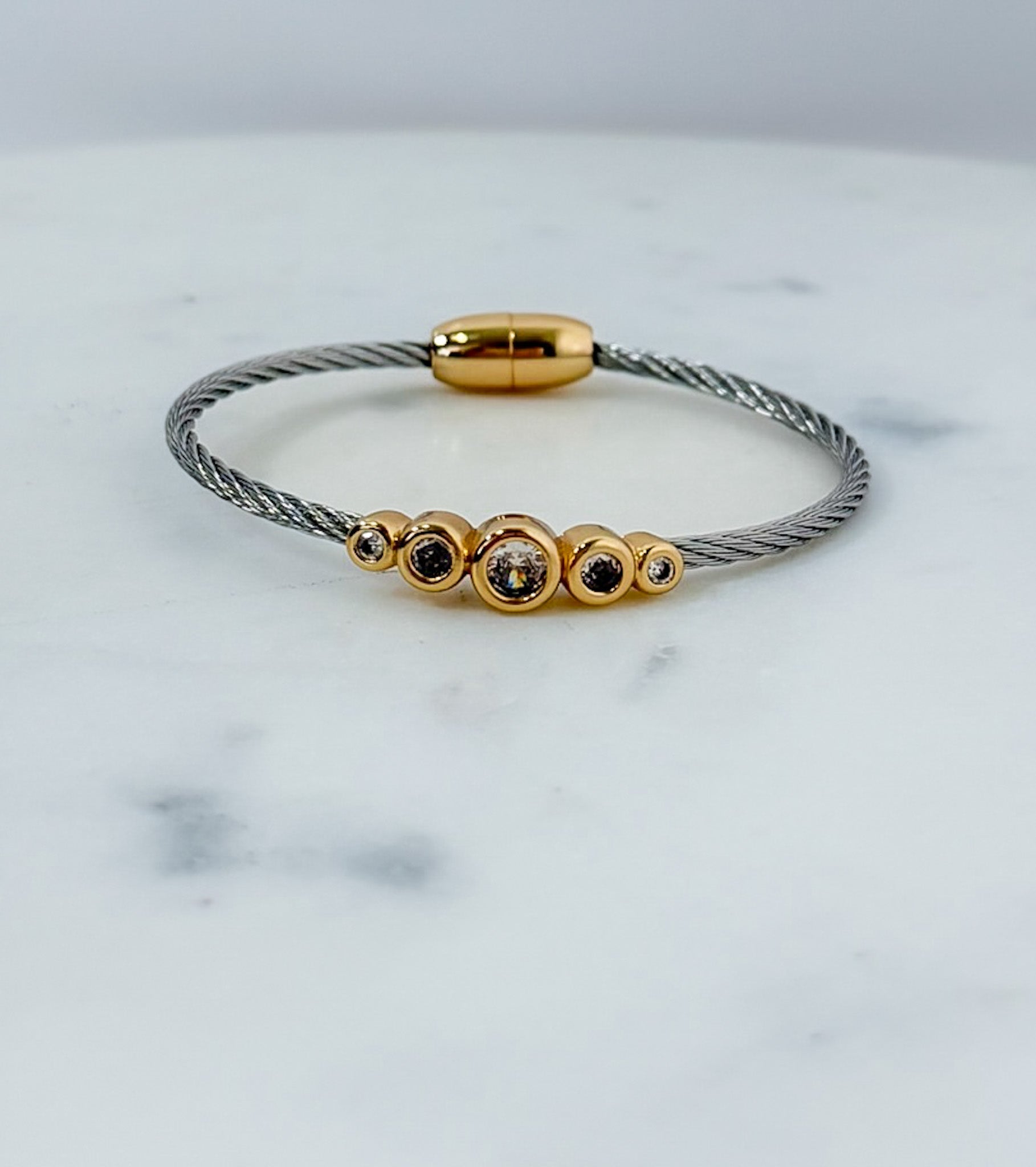 Silver Cable + 5 Gold CZ Buttons Bracelet - A3 Accessories - Jewelry - Clover + Bee