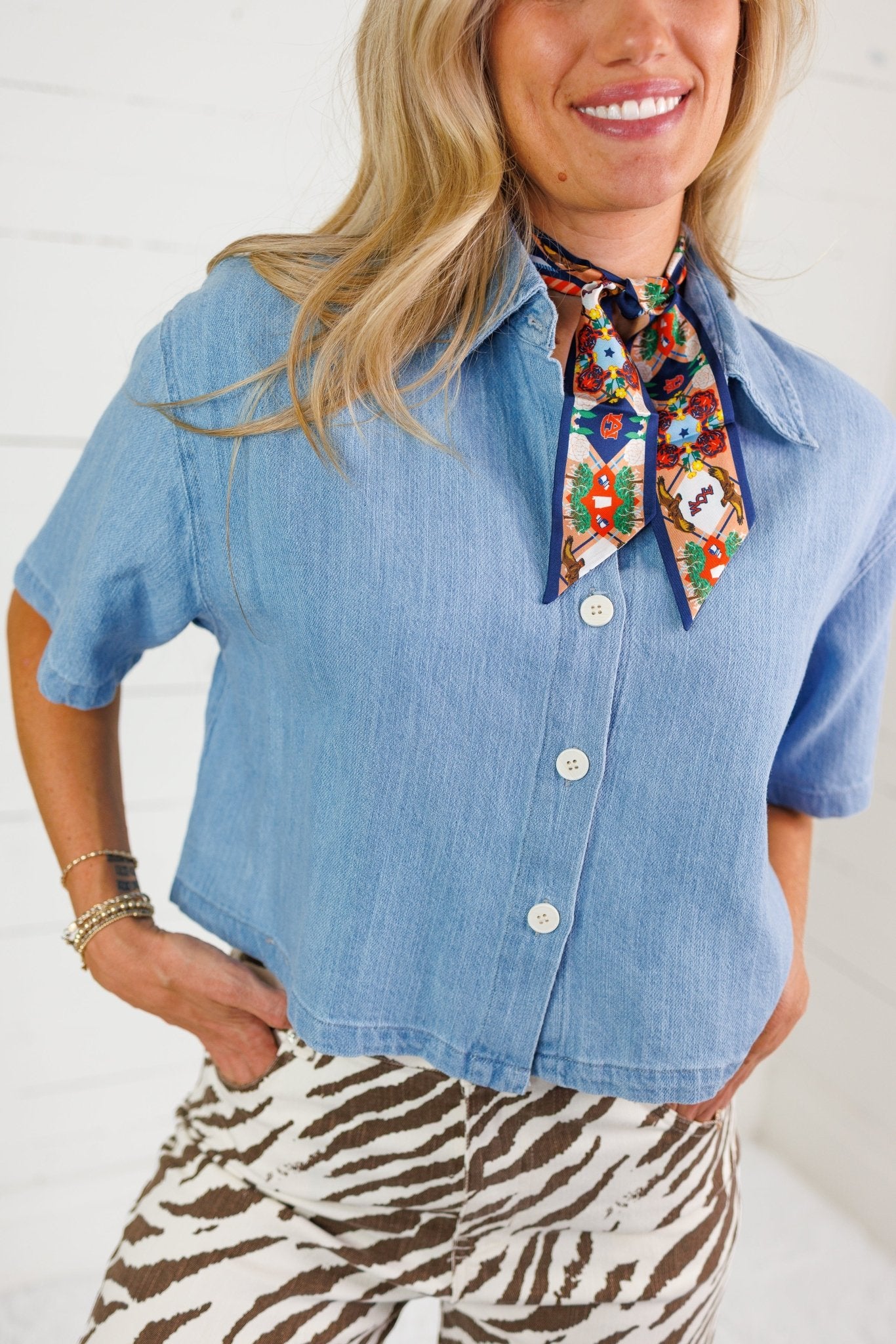 Skylar Relaxed Cropped Denim Shirt The Korner