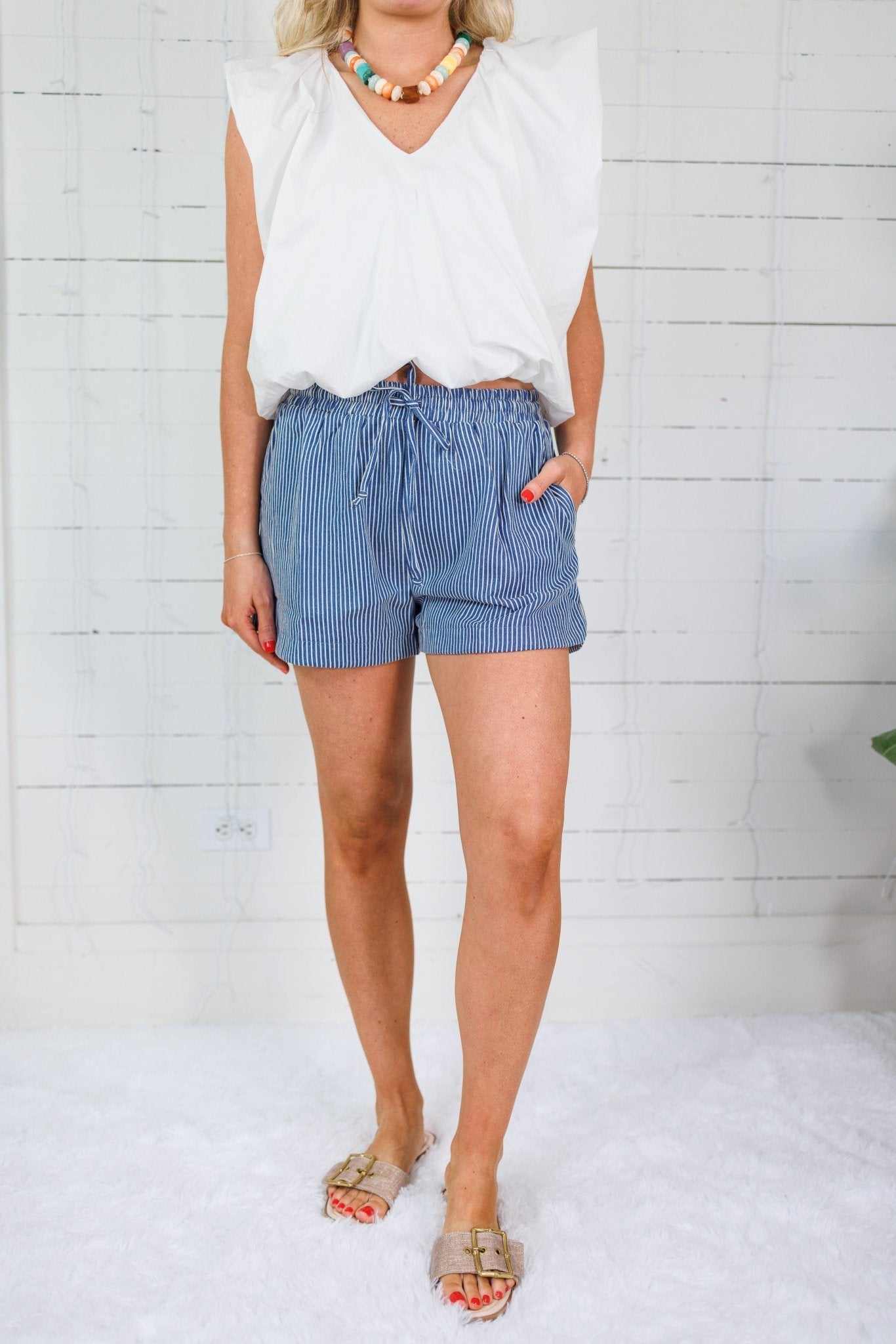 Sloan Blue Stripe Dolphin Hem Shorts Elle Grey