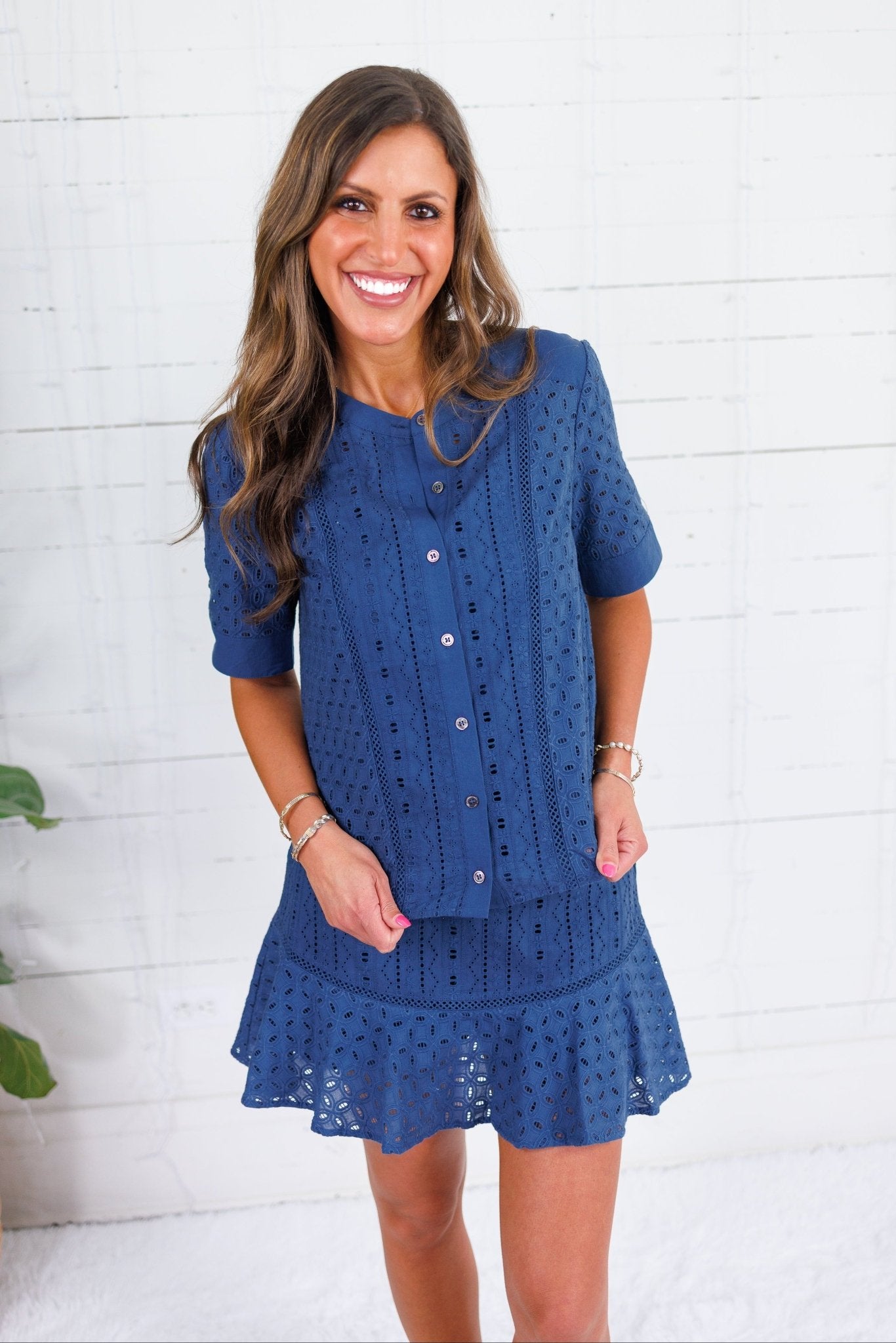 Songer Navy Eyelet Button Top Current Air 