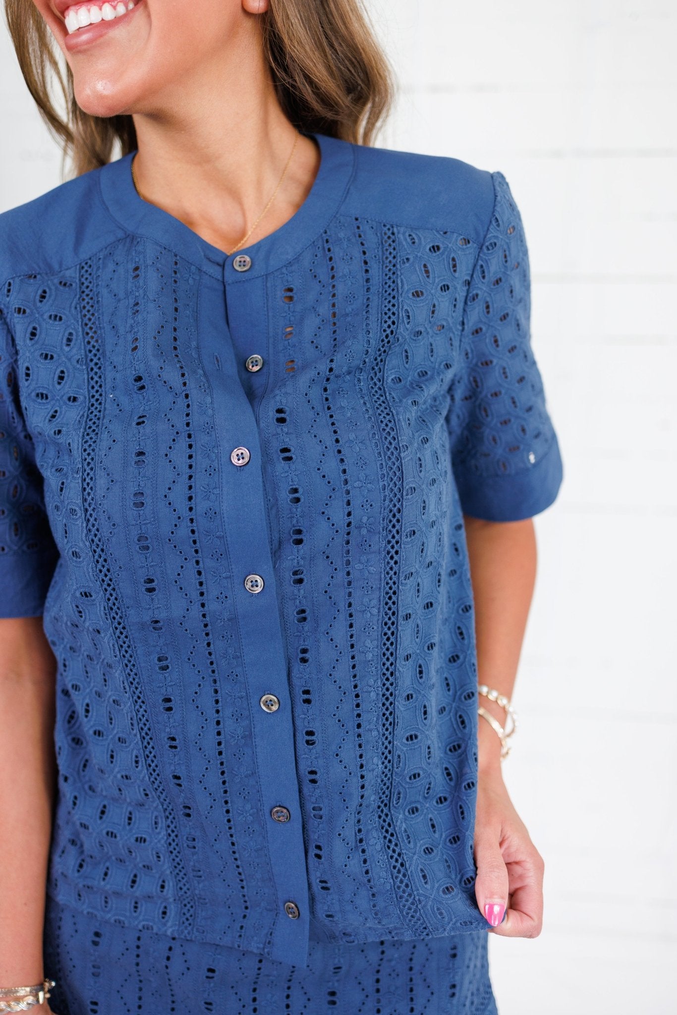 Songer Navy Eyelet Button Top Current Air 