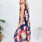 Sophia Navy Floral Ruffle Neck Midi Dress Glam