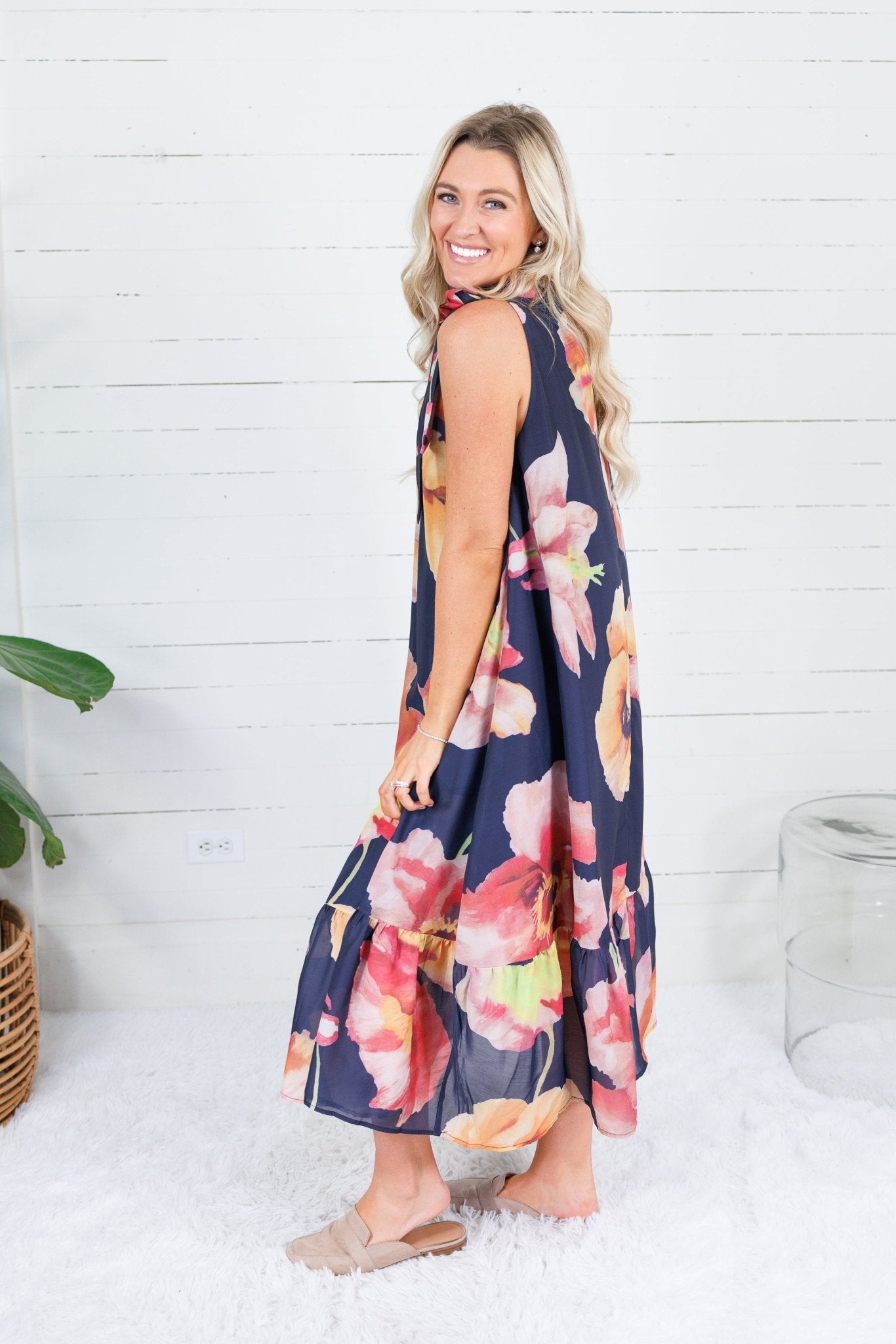 Sophia Navy Floral Ruffle Neck Midi Dress Glam