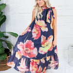 Sophia Navy Floral Ruffle Neck Midi Dress Glam