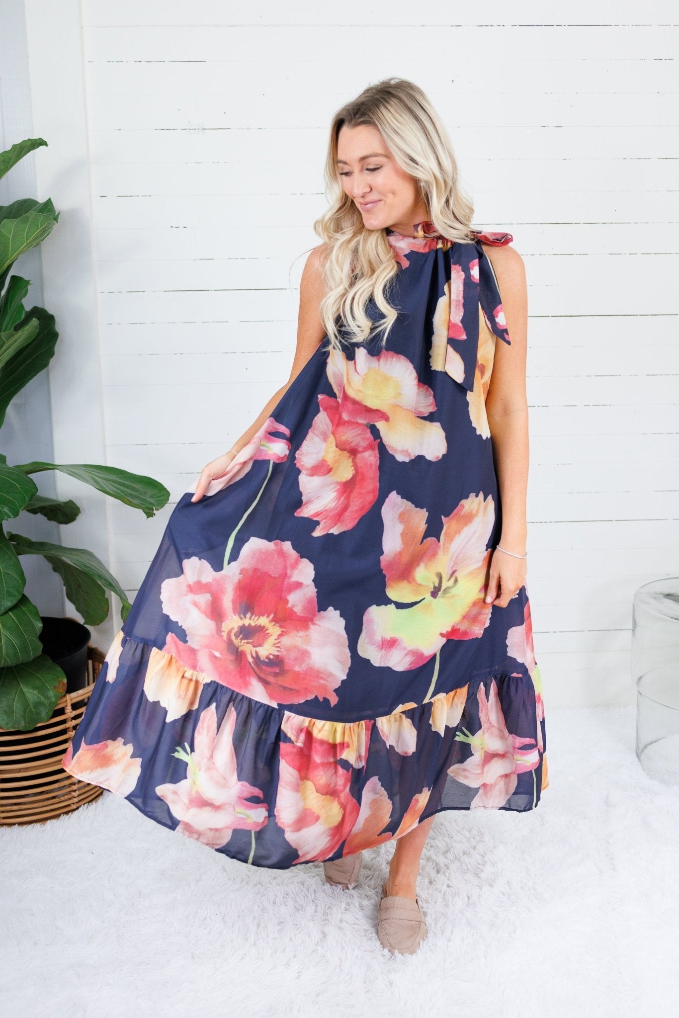 Sophia Navy Floral Ruffle Neck Midi Dress Glam