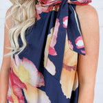 Sophia Navy Floral Ruffle Neck Midi Dress Glam