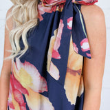 Sophia Navy Floral Ruffle Neck Midi Dress Glam