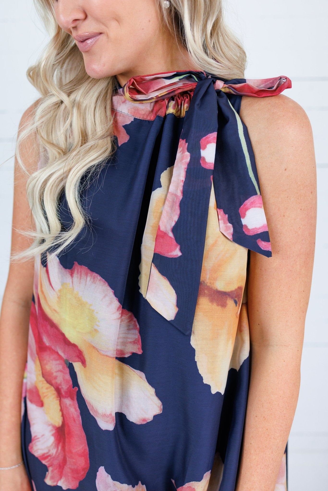 Sophia Navy Floral Ruffle Neck Midi Dress Glam