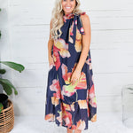 Sophia Navy Floral Ruffle Neck Midi Dress Glam