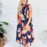 Sophia Navy Floral Ruffle Neck Midi Dress Glam