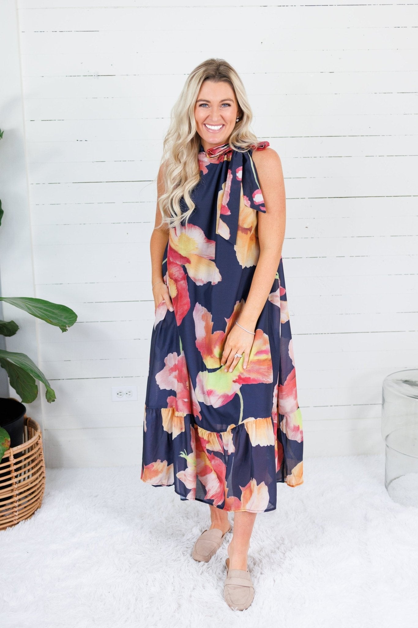 Sophia Navy Floral Ruffle Neck Midi Dress Glam