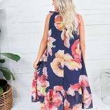 Sophia Navy Floral Ruffle Neck Midi Dress Glam